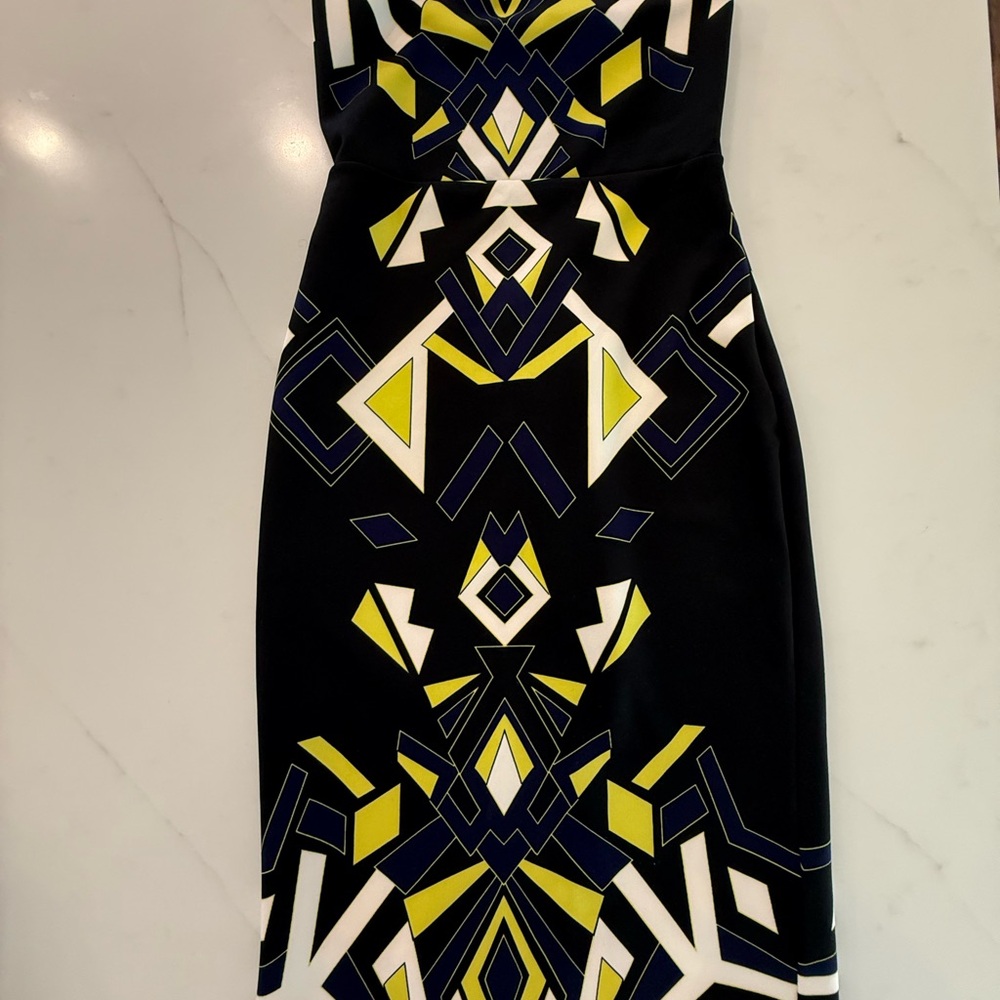 Express Strapless Dress with Black, Yellow, and White Geometric Design
